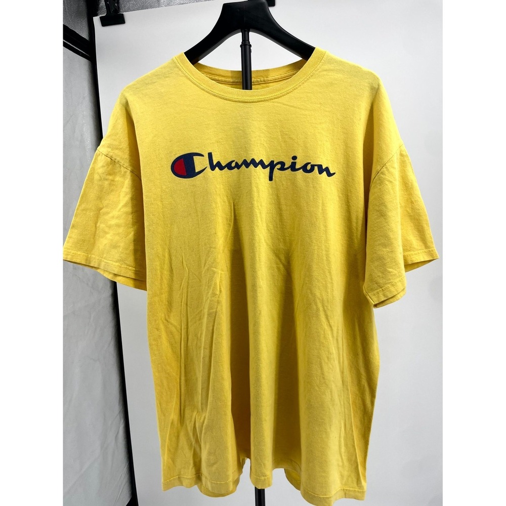 Champion T-Shirt Mens 1XL Yellow Spellout Logo Cotton Drop Shoulder Casual Wear
